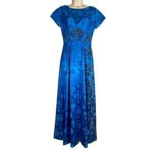 Vintage EMMA DOMB 60's Blue Satin‎ Beaded Evening Gown Womans 8